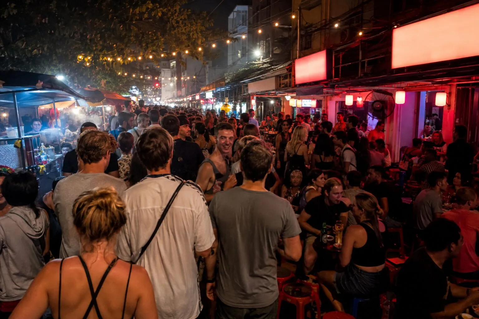 Khao San Road nightlife at night — illustrative artwork, not a photograph of the area