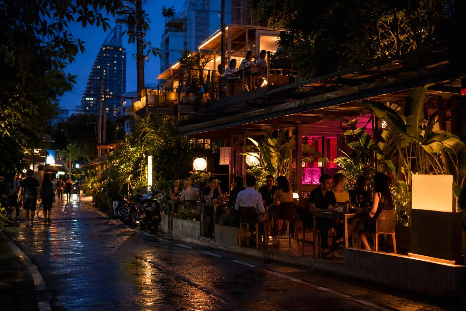 Thonglor nightlife at night — illustrative artwork, not a photograph of the area
